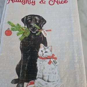 Naughty and Nice Black Lab White Cat Tea Towel Kitchen Holiday